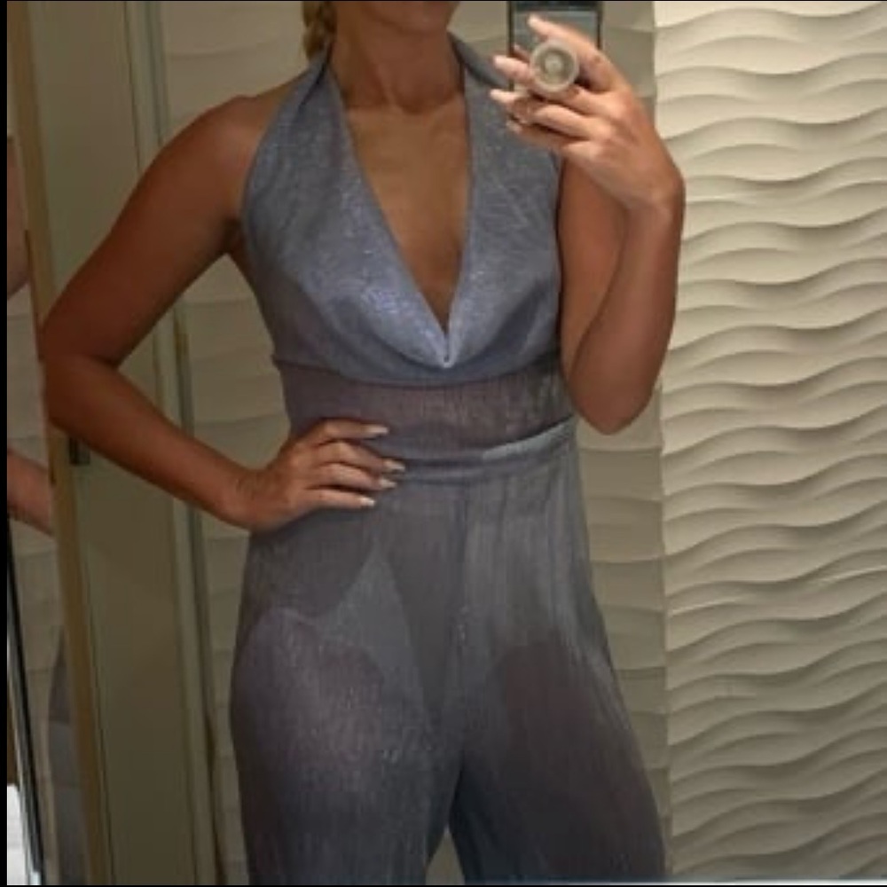 Sheer Cowl Neck Wide Leg Romper